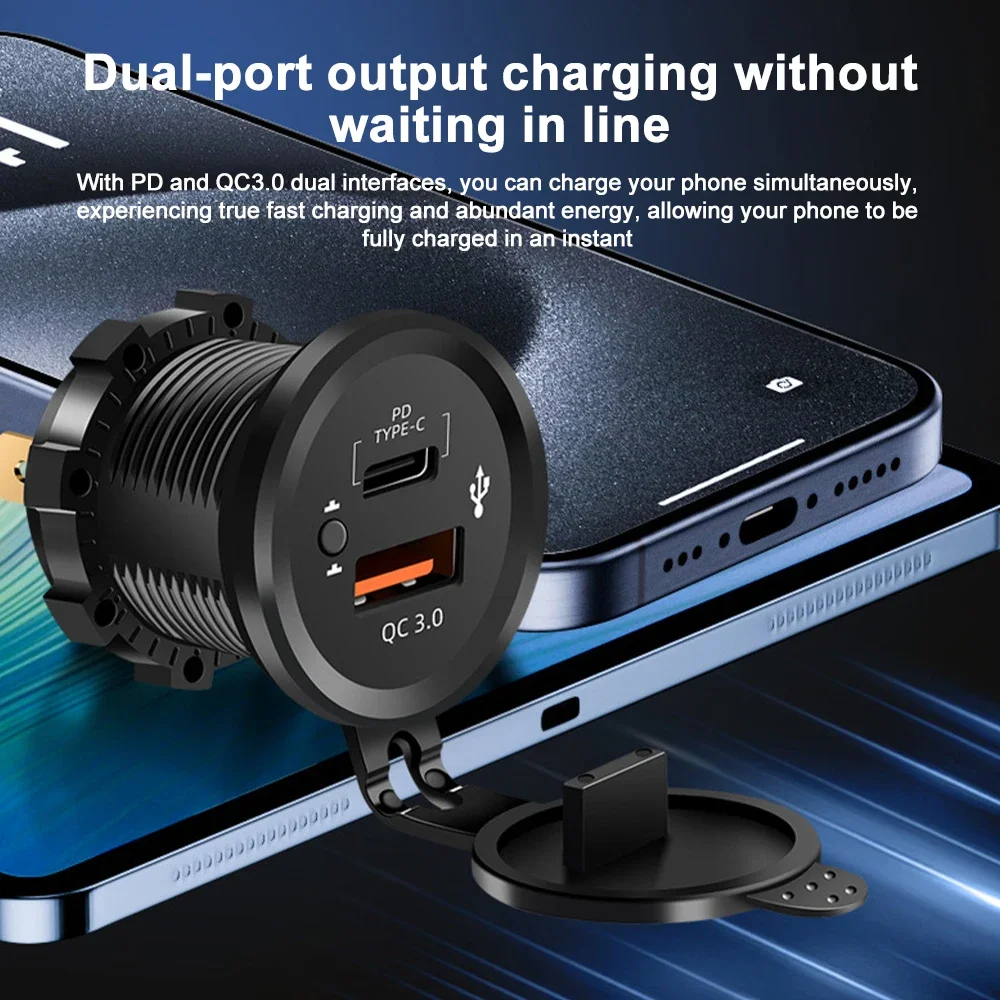 PD QC 3.0 USB C Car Charger with Switch Motorcycle Fast Charger Socket Power Outlet Adapter Waterproof for 12V/24V Car ATV Boat view 3