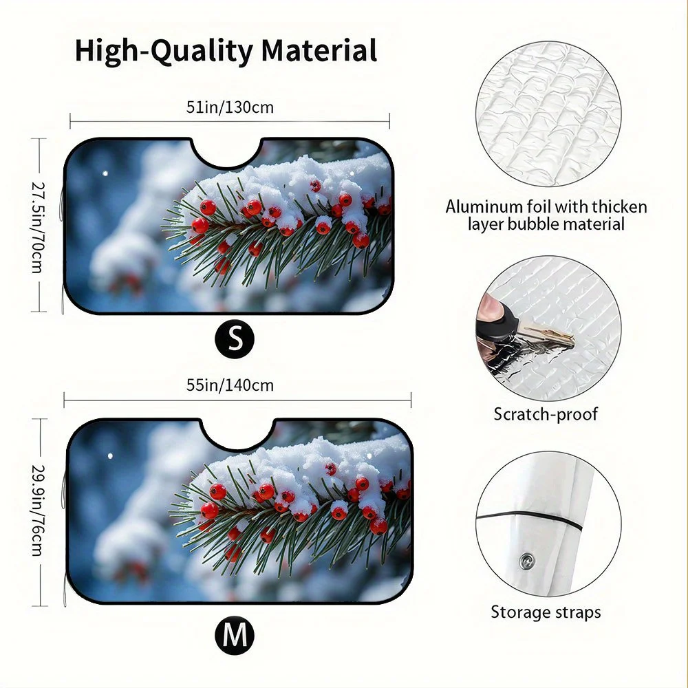 1pc, Car Front Sunshade Featuring Winter Berries Snow Branch Print, Fast Mount Suction Cups Included, Fits Urban Travel, Daily E