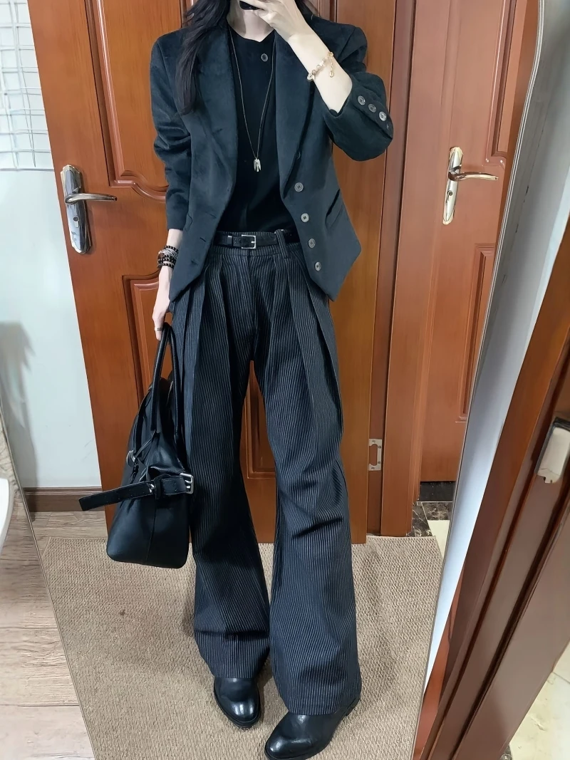 American High Street Three Pleated Wide Leg Jeans Loose Lazy Style Straight Casual Pants Men's Loose Fit Denim Trousers