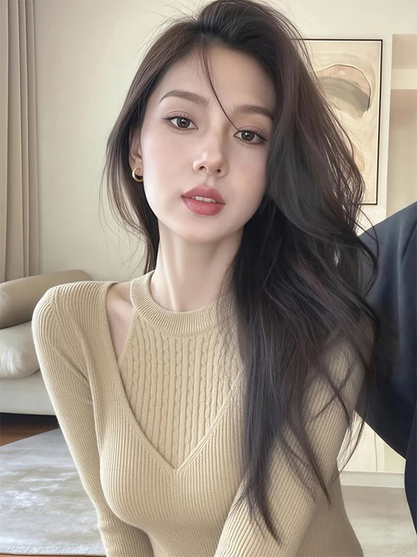 

Oaeal вязаный облегающий женский топ с нелоновым дизайном, уникальный красивый топ для поездок на работу, корейская версия, искусственный двухсекционный