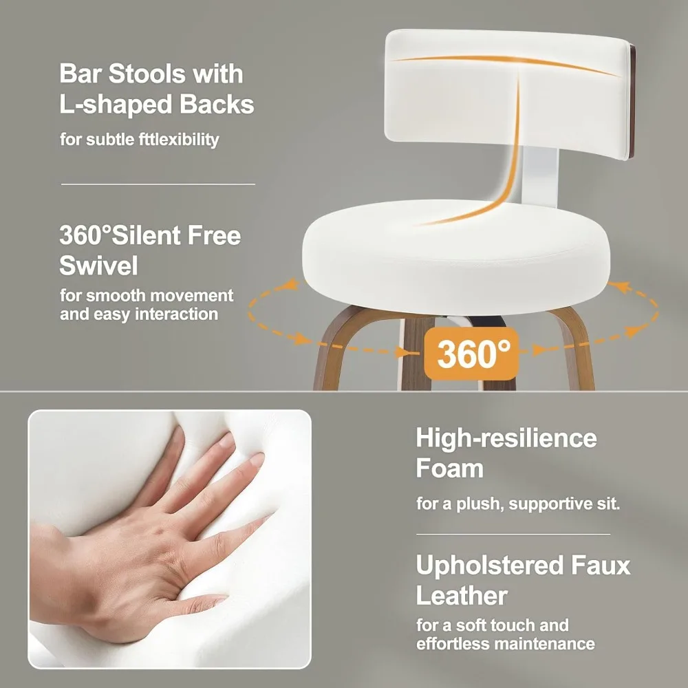 Swivel Counter Height Bar Stools Set of 3, Faux Leather Kitchen Stools Upholstered Barstools with Back, Walnut Wood Legs, Mid Ce