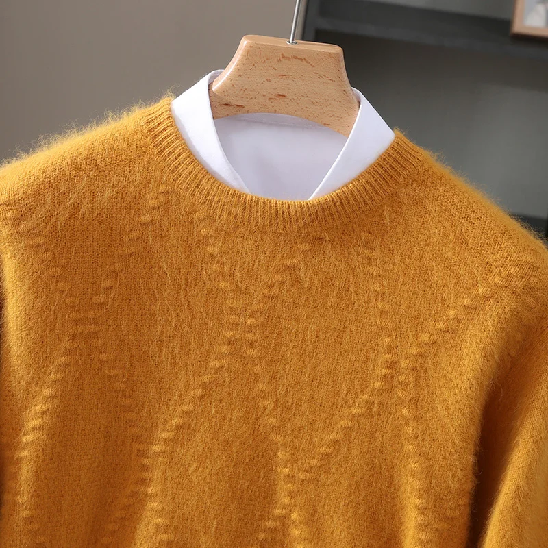 Autumn And Winter Mink Cashmere Sweater Men's Round Neck Thick Sweater Color Matching Business Jacquard Knit Bottoming Shirt