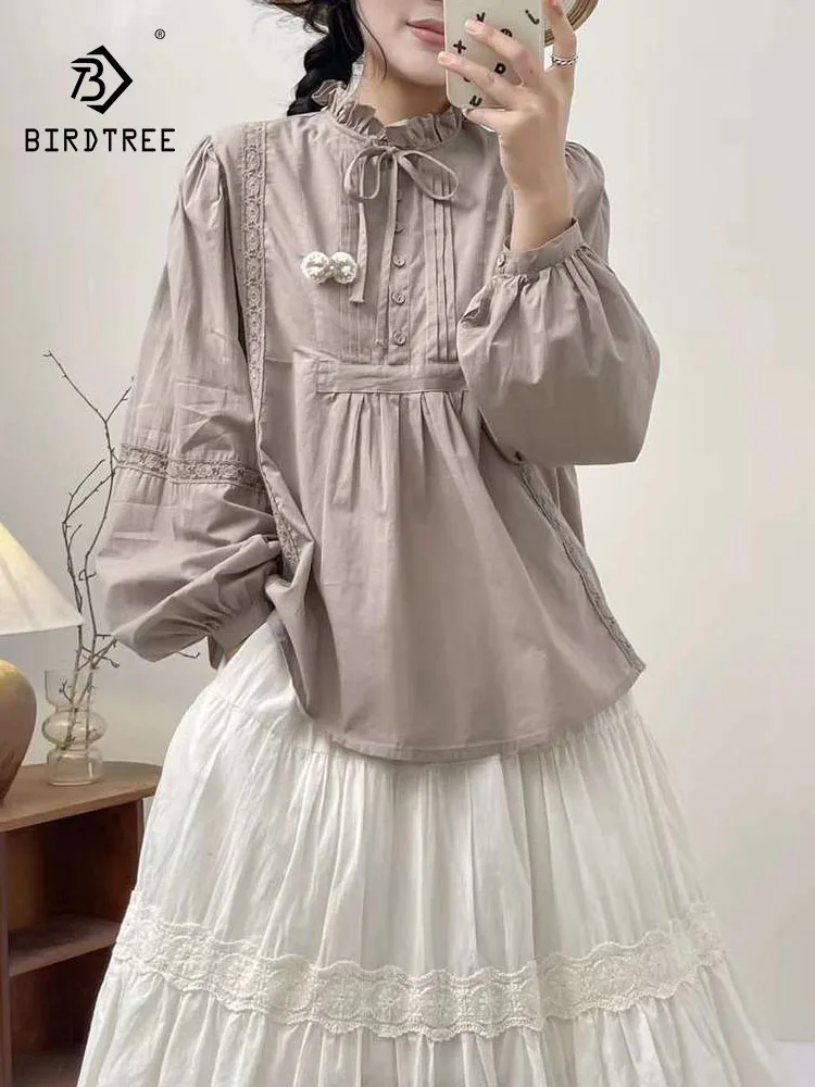 

New 2025 Autumn Cotton Long Sleeve Shirt, Women Stand Ruffles Embroidery, Mori Girl Retro Sweet Chic Loose Doll Blouse T5N252CC