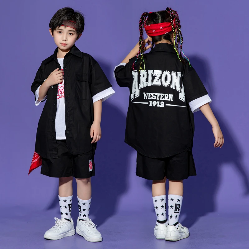 2023 novos trajes de dança jazz para crianças preto solto kpop outfits meninas meninos dança rua wear hip hop dança rave roupas dqs11969