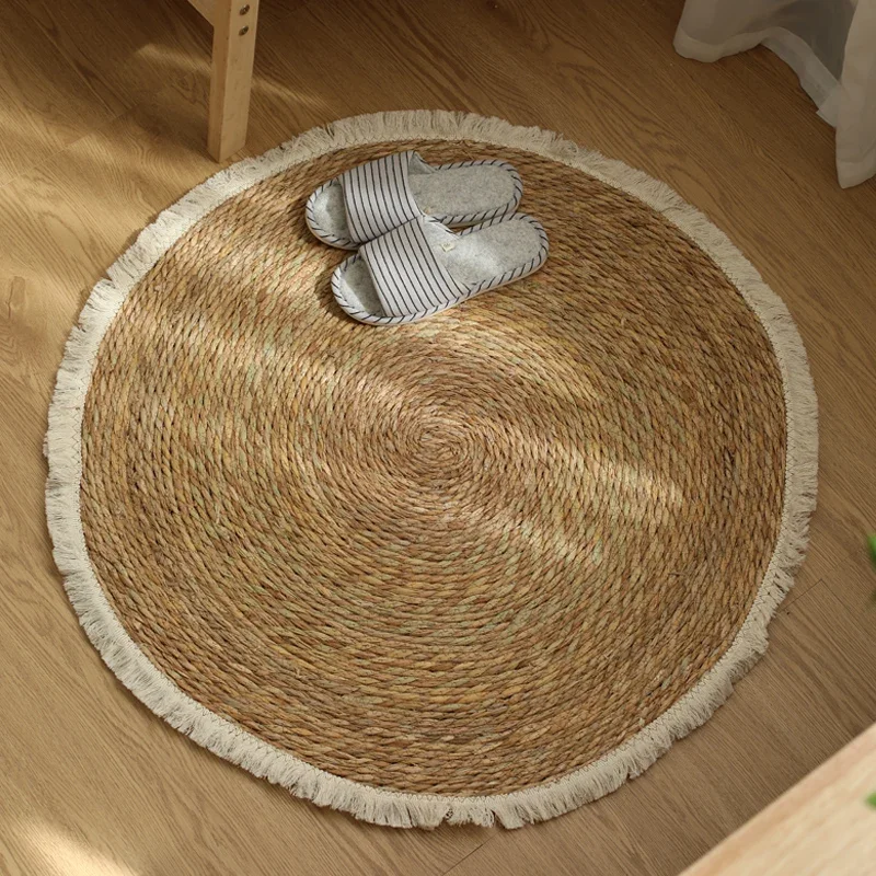 Round Woven Grass Rugs Handmade jute Rattan Carpet With Tassel for Bedroom Vintage Home Decor Floor Mats Living Room Door Mat