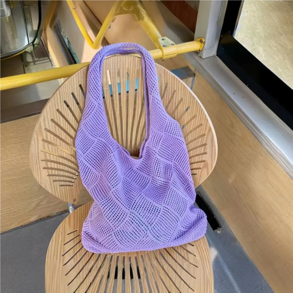 Women Crochet Shoulder Bag Solid Color Mesh Handbag Fashionable Beach Bag Daily Commuting Bag for Outdoor Travel Vacation 85