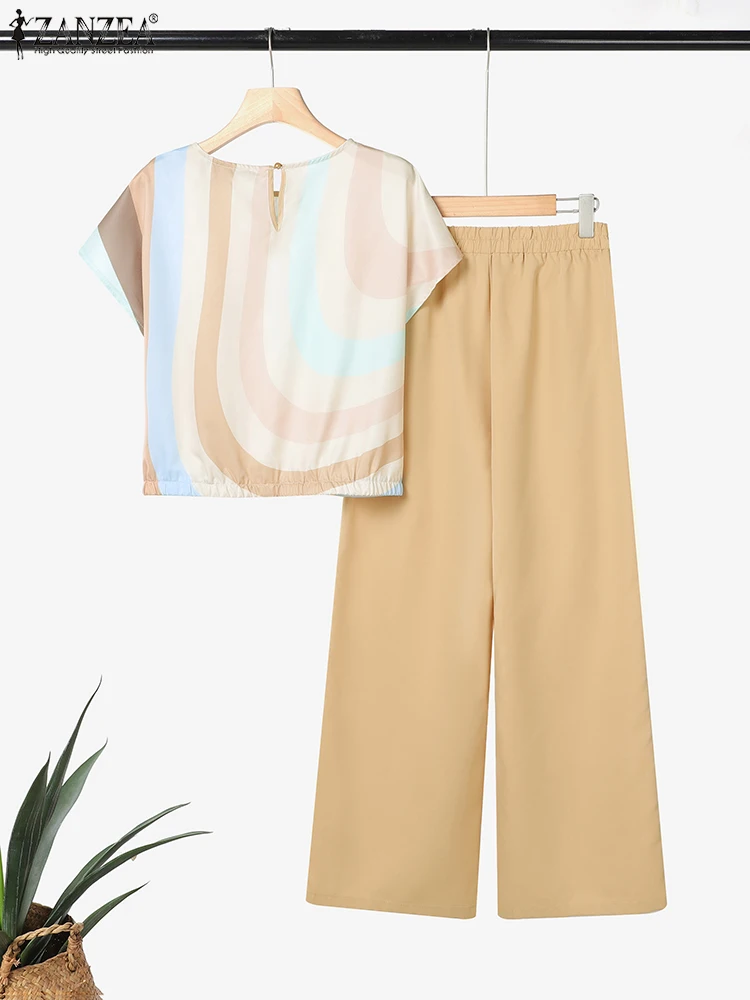 Zanzea verão 2 pçs roupas femininas conjuntos de calças moda 2 peças conjuntos de treino manga curta blusa impressa calças de perna larga terno