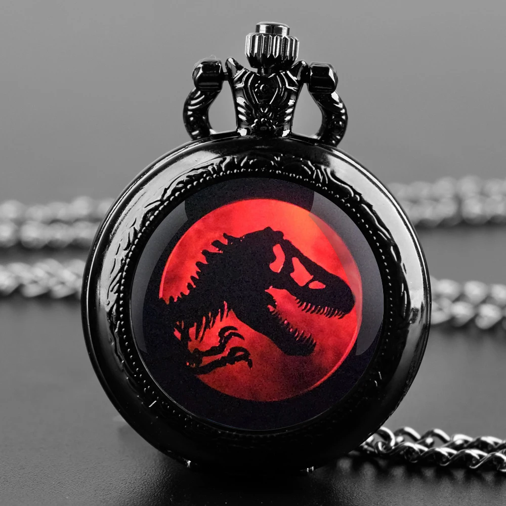 Exquisite Gift Jurassic Park Dinosaur Glass Dome Quartz Pocket Watch Necklace Men Women Unique Jewelry Pendant Birthday Gifts