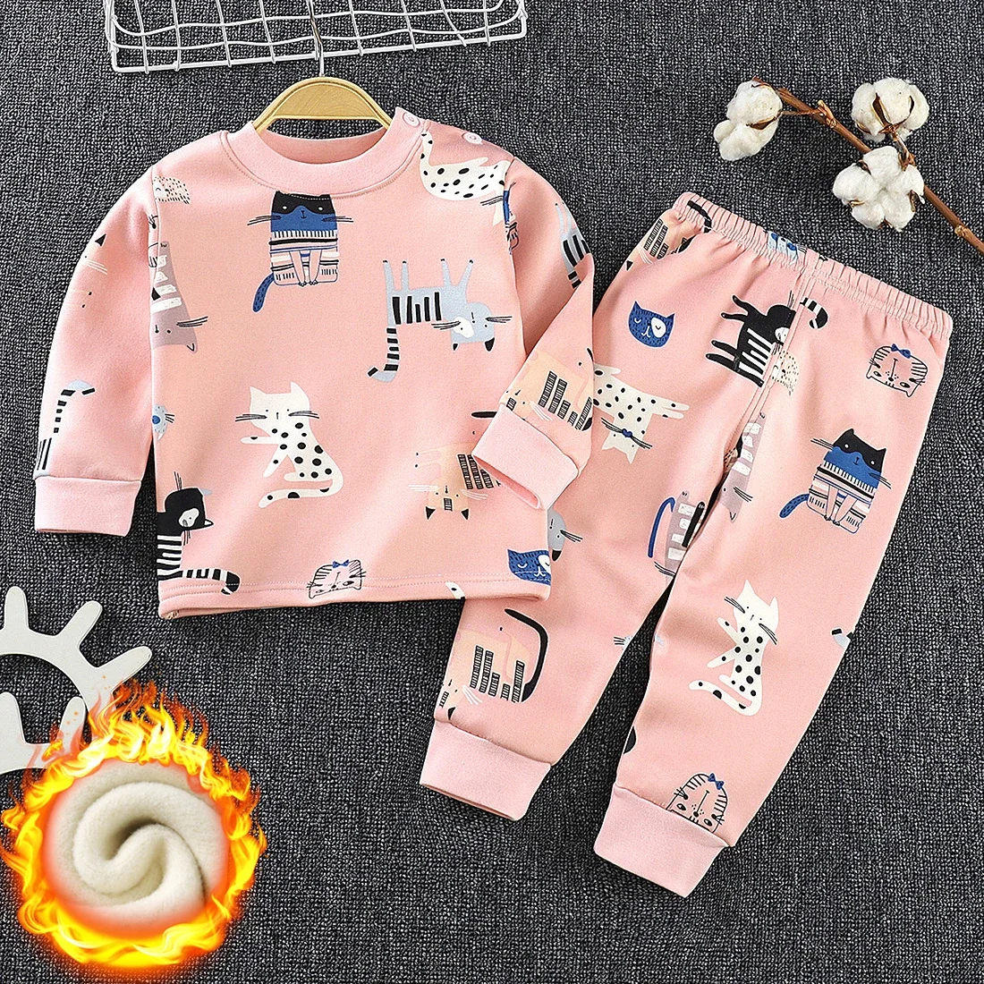 2024 Autumn and Winter Thickened Long-sleeved Girl Clothes Plus Velvet Children Sets Thermal Underwear Suit Boys Cartoon Pajamas