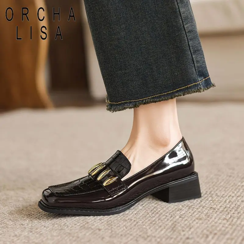 

ORCHA LISA Горячая новинка: блестящие женские туфли-лоферы с квадратным носком, удобные повседневные офисные туфли для женщин, увеличенные размеры 42-43