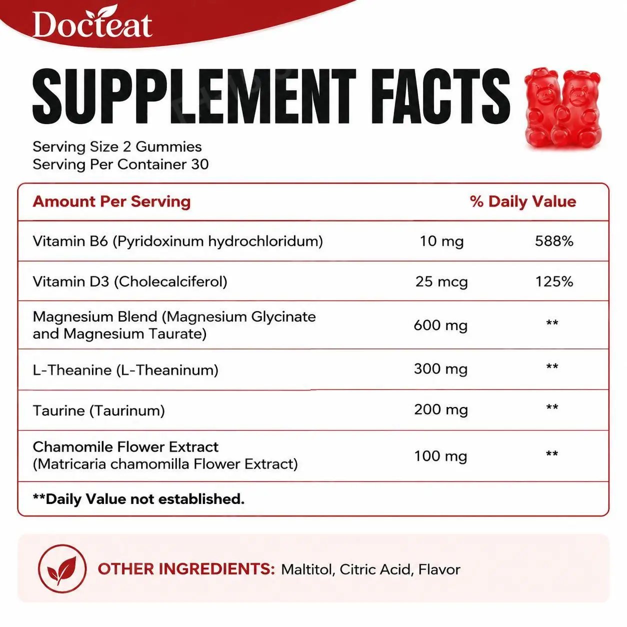 Docteat Magnesium Glycinate Gummies 600mg Blend with L-Theanine Chamomile Taurine Vitamin B6 D3 Raspberry Flavor 60 Count