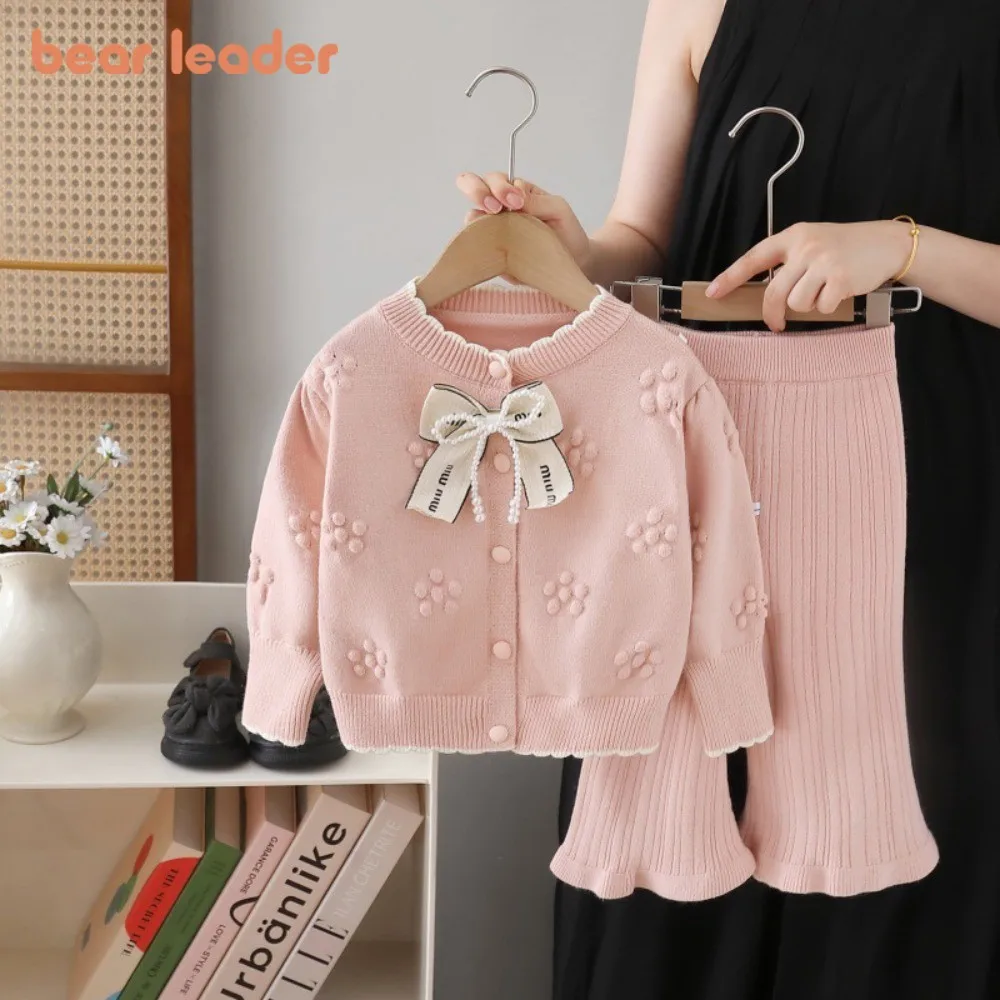 

Bear Leader Knitted Sweater Girls' Suit Autumn and Winter New Long Sleeved Bow Decoration Top + Pants Solid Color Two-piece Set