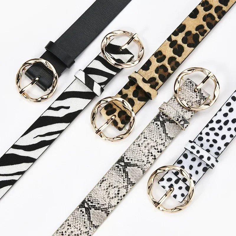 2023 nuevas mujeres leopardo serpiente cebra patrón piel de serpiente Cos piel Cricle Pin hebilla dorada cinturones para vestido Jeans trajes