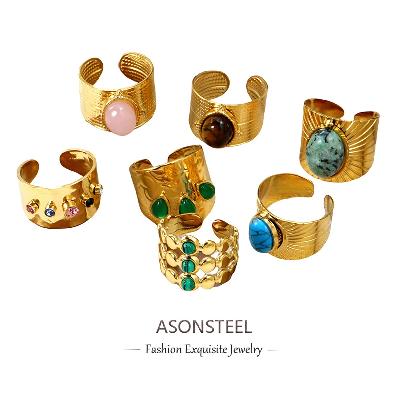 ASONSTEEL Retro Stainless Steel Green Natural Stone Rings Women Luxury Gold Plated Charm Texture Open Ring Trendy Jewelry Gift