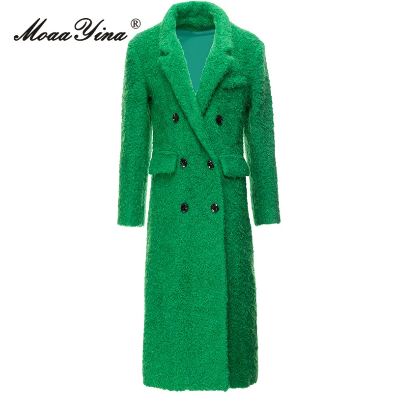 

MoaaYina Spring Autumn Fashion Runway Green Vintage Thick Blends Coats Women Lapel Double Breasted Fake Pocket Long Blends Coats