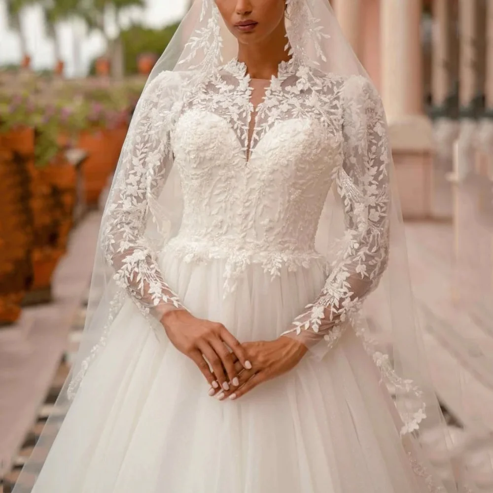 Tule uma linha personalizado elegante noiva robes clássico vestidos de casamento manga longa apliques vestido de baile de noiva novia