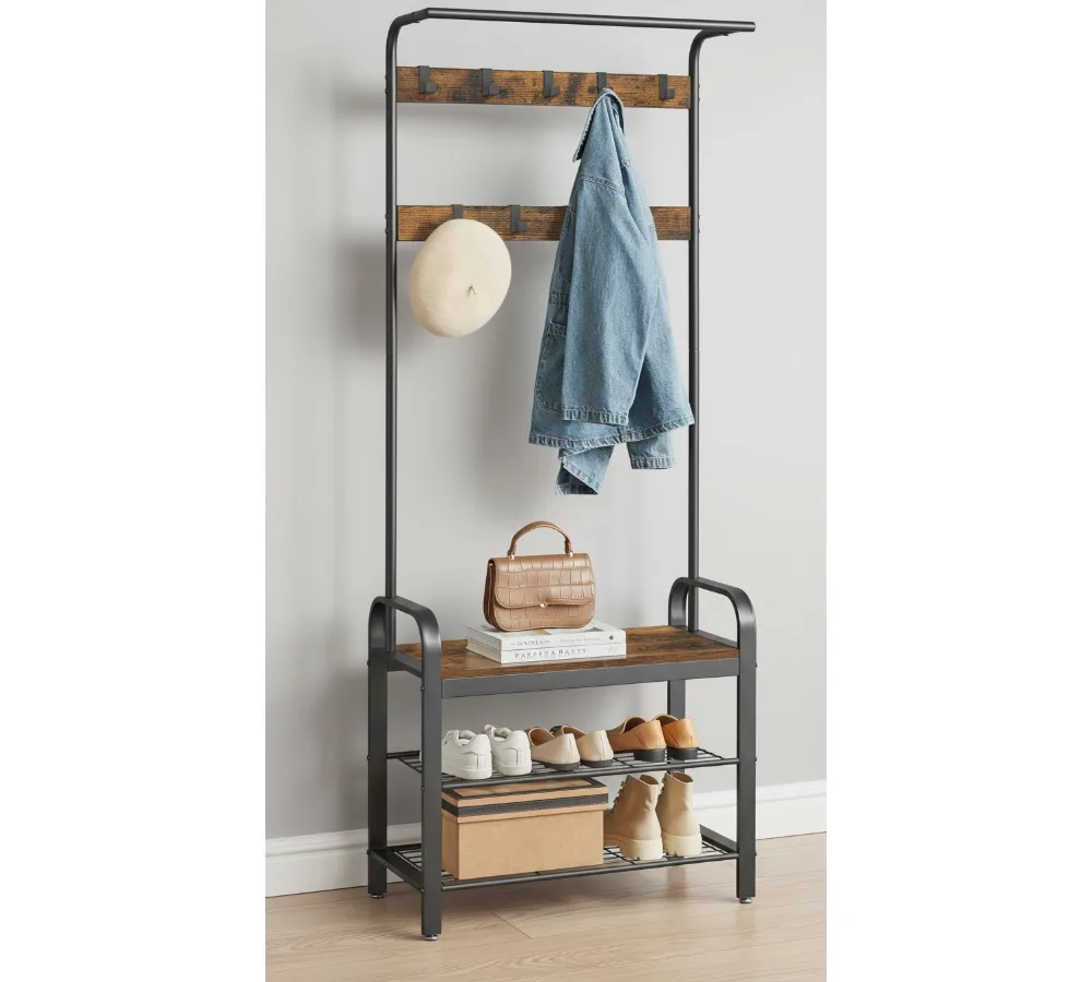 شجرة قاعة المدخل 4 في 1 مع مقعد أحذية، رف معطف وتخزين، بني ريفي وأسود، سهلة التجميع #1