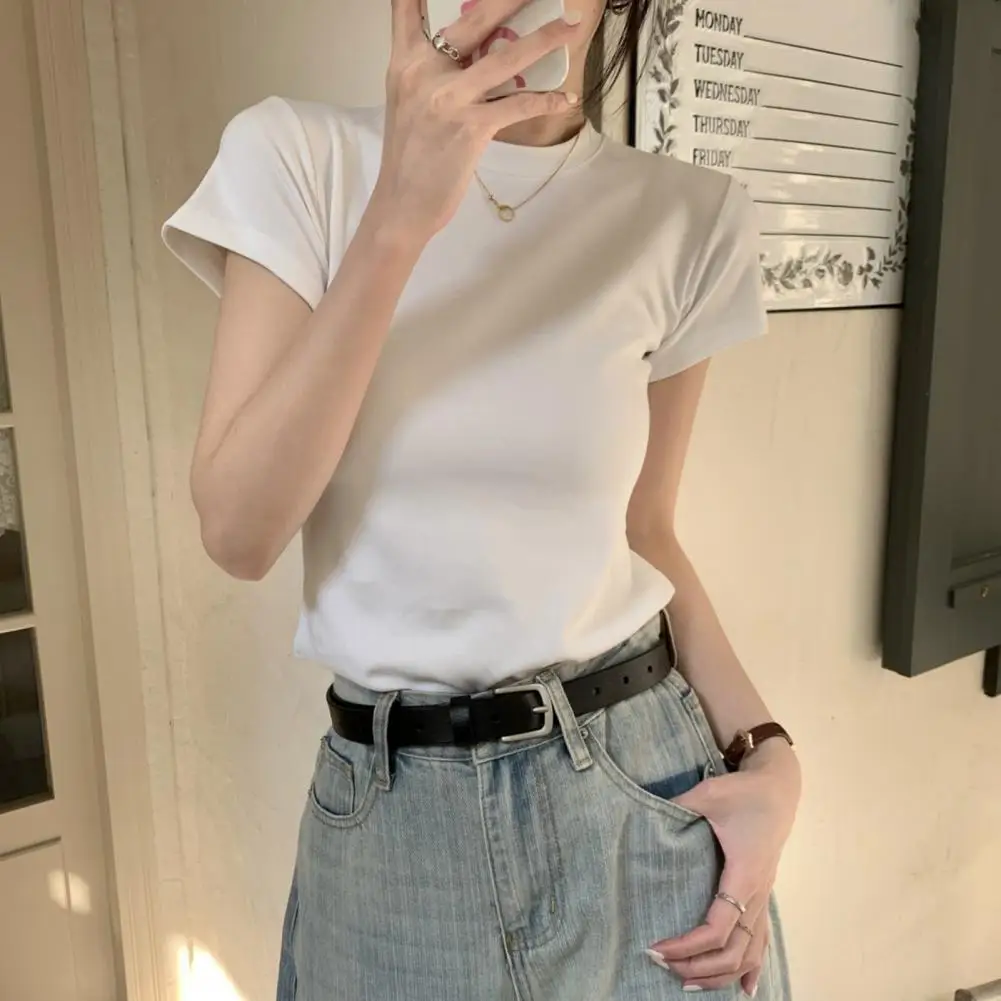 Women Elegant Short Sleeve Blouse Stylish Women\'s Slim Fit T-shirt Soft O-neck Pullover Top Solid Color Stretch for Streetwear