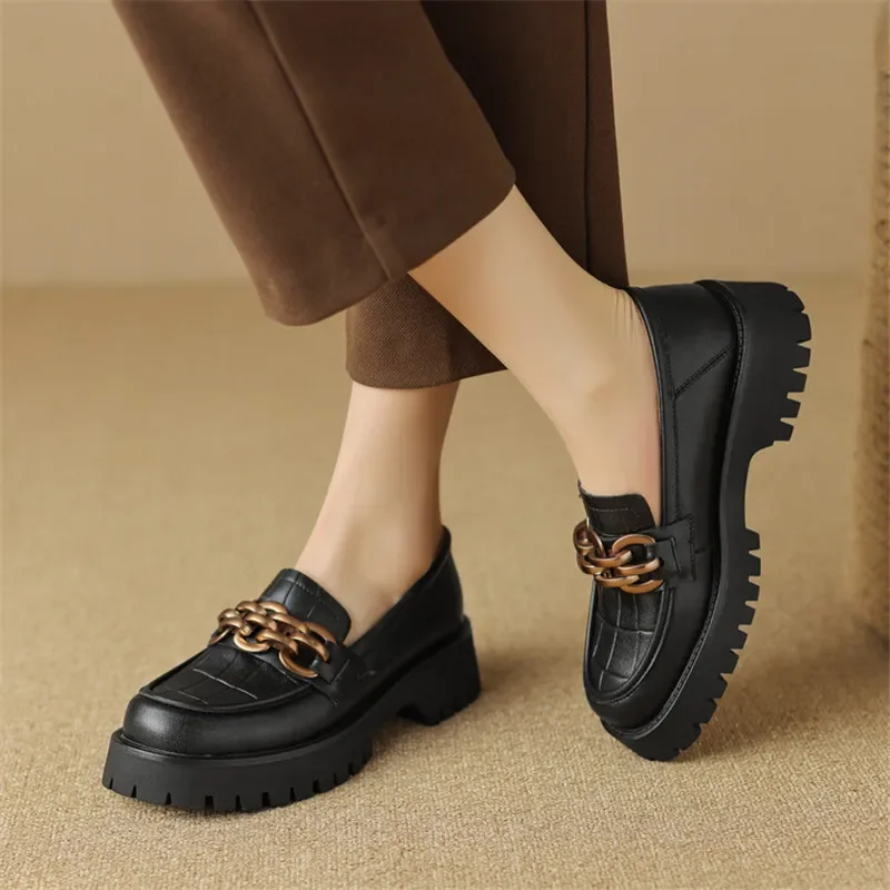 NEW Spring Retro Women Pumps Round Toe Chunky Heel Loafers Split Leather Shoes for Women Metal Buckle Shoes Platform Shoes