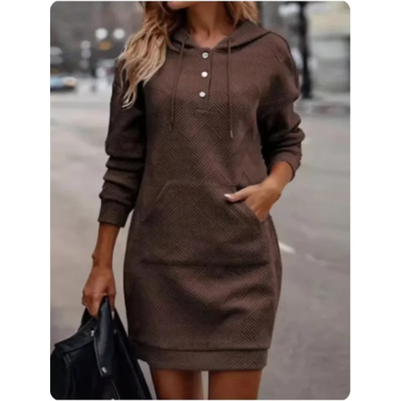 ปุ่มHooded Pocket Pullover Topผู้หญิงHigh Streetสบายๆฤดูใบไม้ร่วงฤดูหนาวสีทึบชุดมินิ