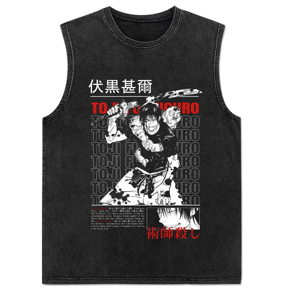 2024 New Vest Summer, Spell Back To War, Anime Printed Cotton Vest Men\'s Washed Retro Sleeveless T-shirt Ins