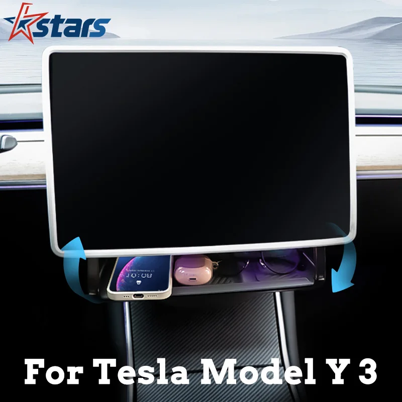 For Tesla Model Y Model 3 Highland 2024 Storage Box Under Screen Storage Tray Behind Screen Collapsible Hidden Box Accessories