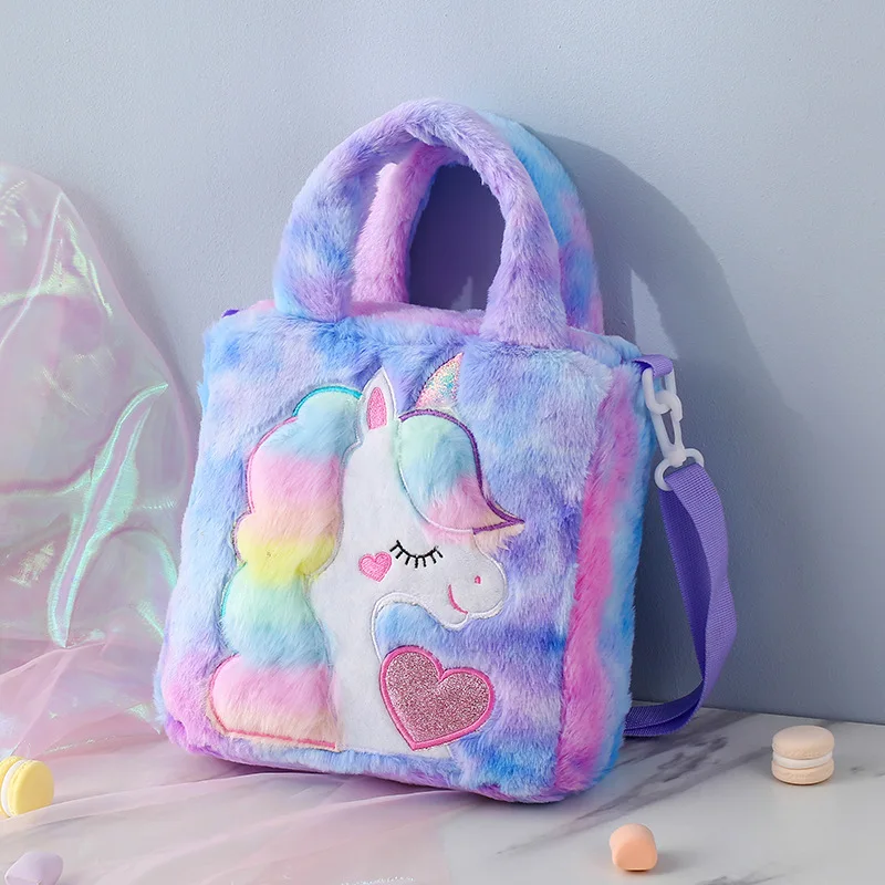 Children Plush Handbag Unicorn Colorful Fur Shoulder Bags Winter School Purse Cartoon Animal Fashion Totes Kids Belts Pouch