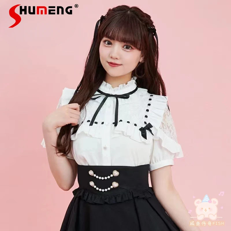 

Japanese Style Lolita SC New Summer Black Blouse Short Sleeves Bow Lace Stitching Ribbon Mine Mass-Produced Shirt Women Clothes