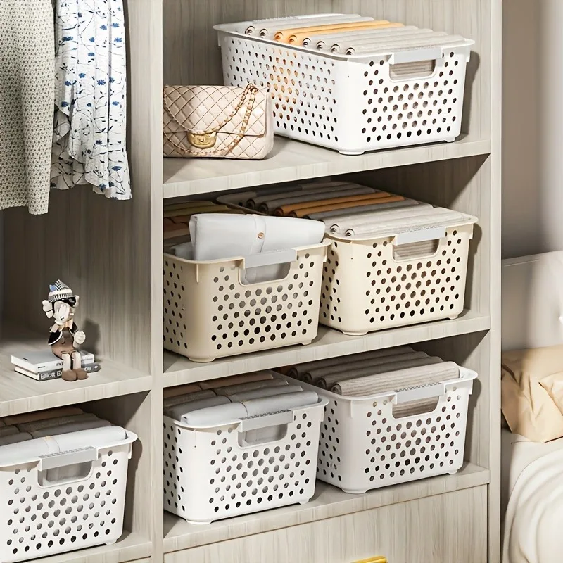 Cestas de almacenamiento de plástico apilables duraderas 5/8 con asas, contenedores organizadores versátiles para cocina, baño, oficina, armario