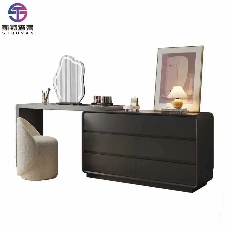 

French Style Modern Simple Bedroom Solid Black Wood Dressing Table Bucket Cabinet Integrated Telescopic Makeup Vanity End