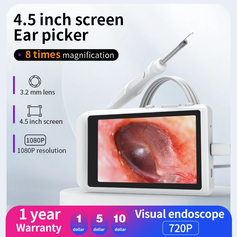 HD 3.9/3.2mm  4.5 Inch 500W  LCD Screen Ear Scope EndoscopeEar Wax Clean Otoscopy Camera Ear Endoscope Clean Mini Camera