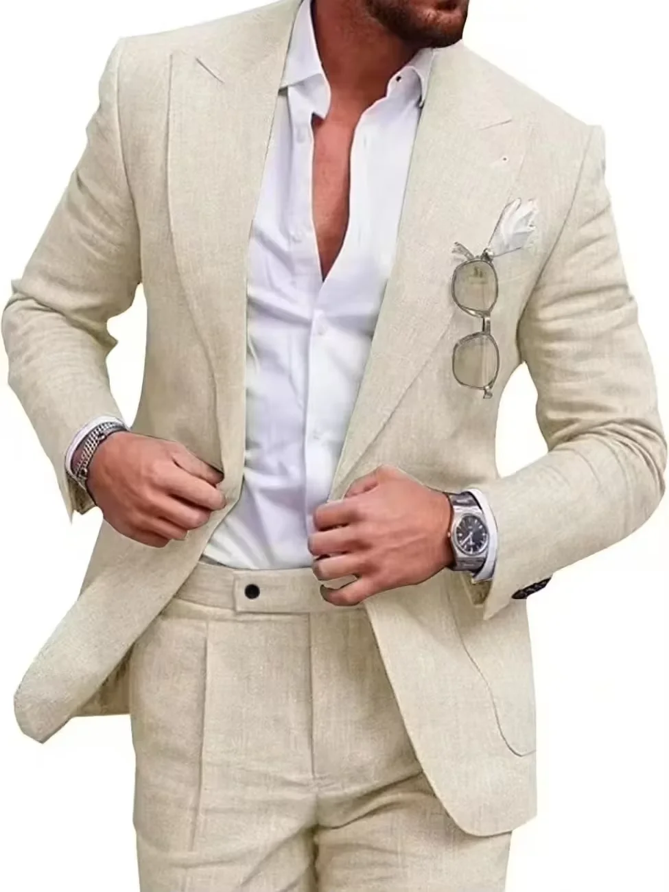 

Men's Linen Set 2 Piece Slim Fit Suit Summer Beach Wedding Set One Button Tuxedo Linen Suit Jacket And Pants Set