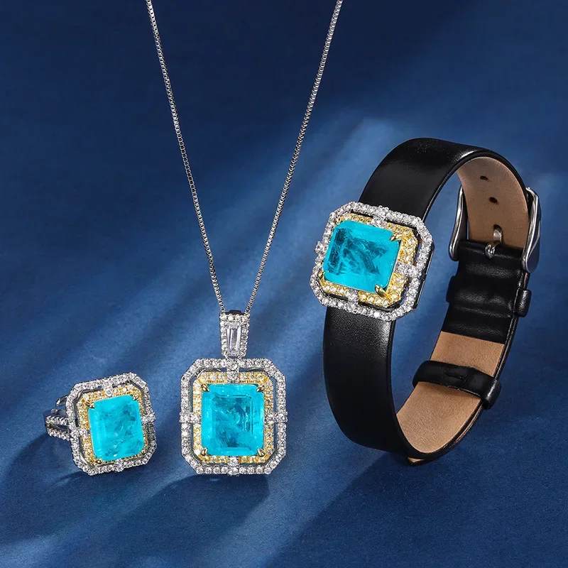 High-end jewelry plated 18K gold Paraiba square wrist women's set 12*16-12*14 jewelry