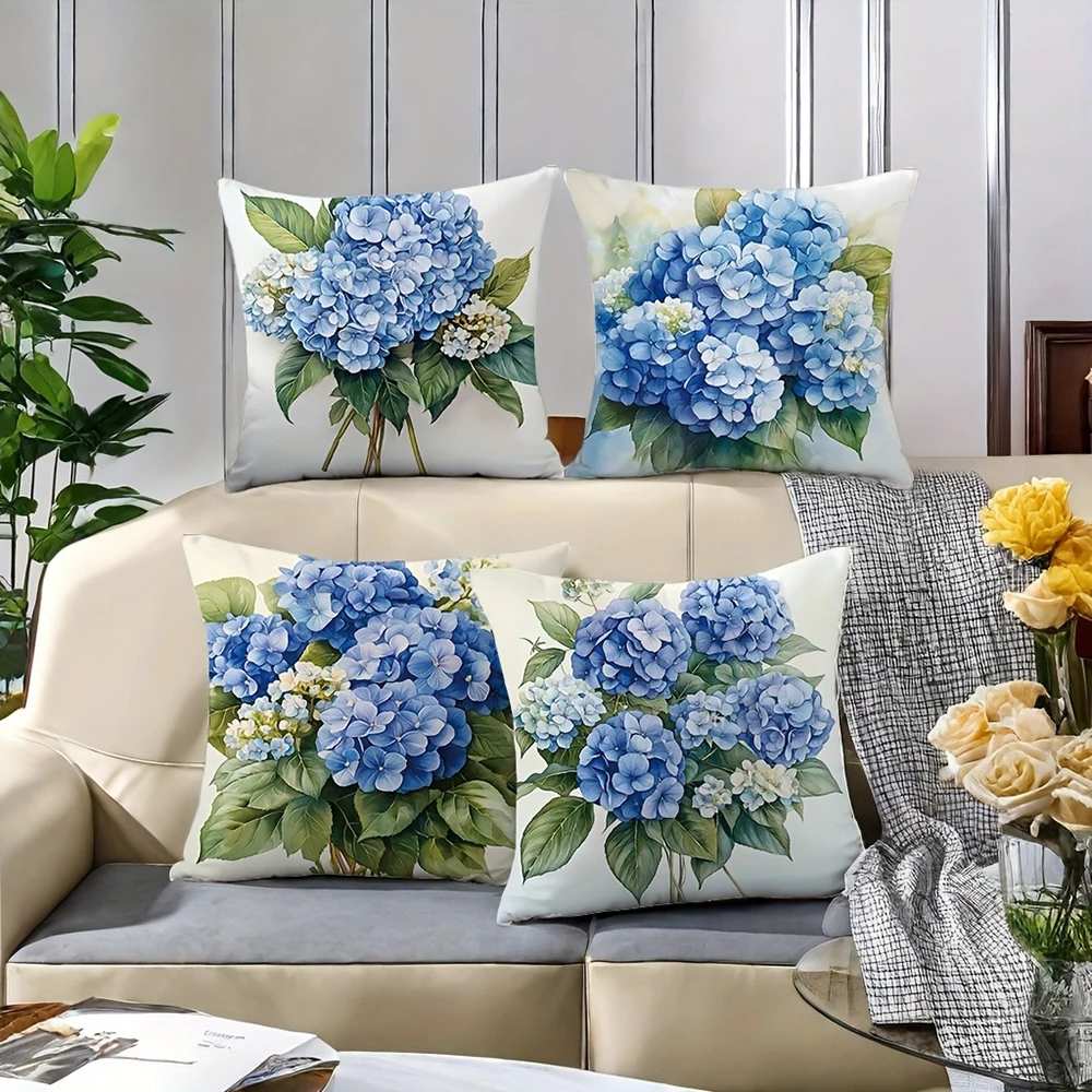 

Blue Hydrangea Floral PillowcaseBedroom Sofa Decorative Cushion Cover With Zipper Soft Cushion Cover
