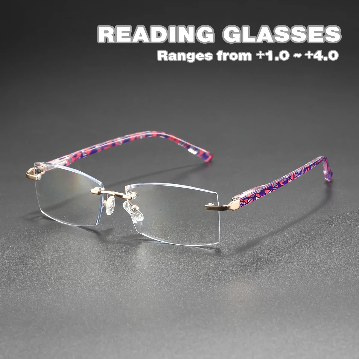 Modische randlose quadratische Lesebrille, stilvolles Design, mit Federscharnier für Damen und Herren.