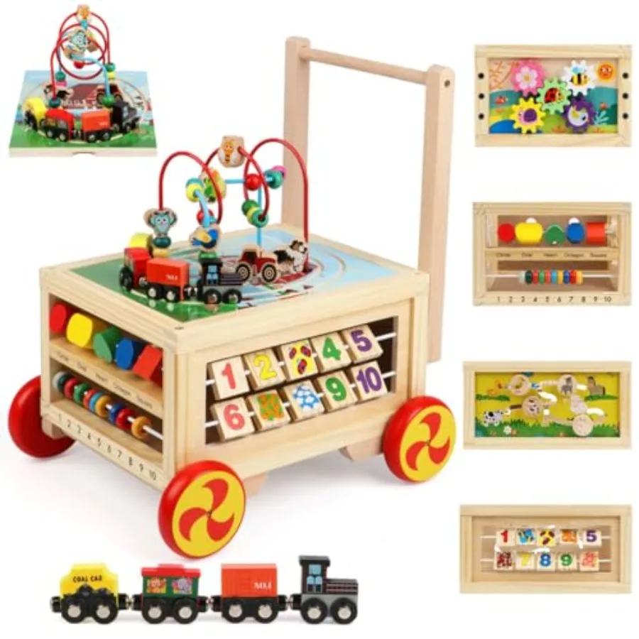 Montessori wooden activity cube for toddlers 1-2 years natural wood finish multi-color beads and magnetic trains educational 7-