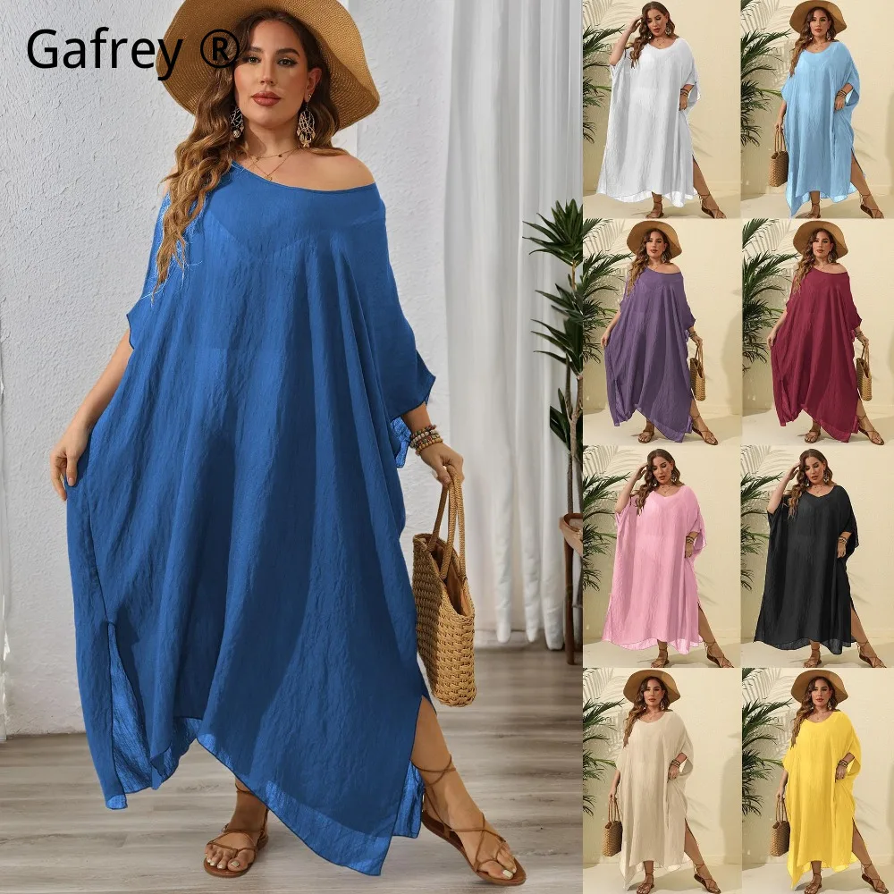 

Plus Size Solid Color Loose Fit Maxi Dress, Side Slit Beach Vacation Cover Up Long Floor-Length Dress for Women 2026 New