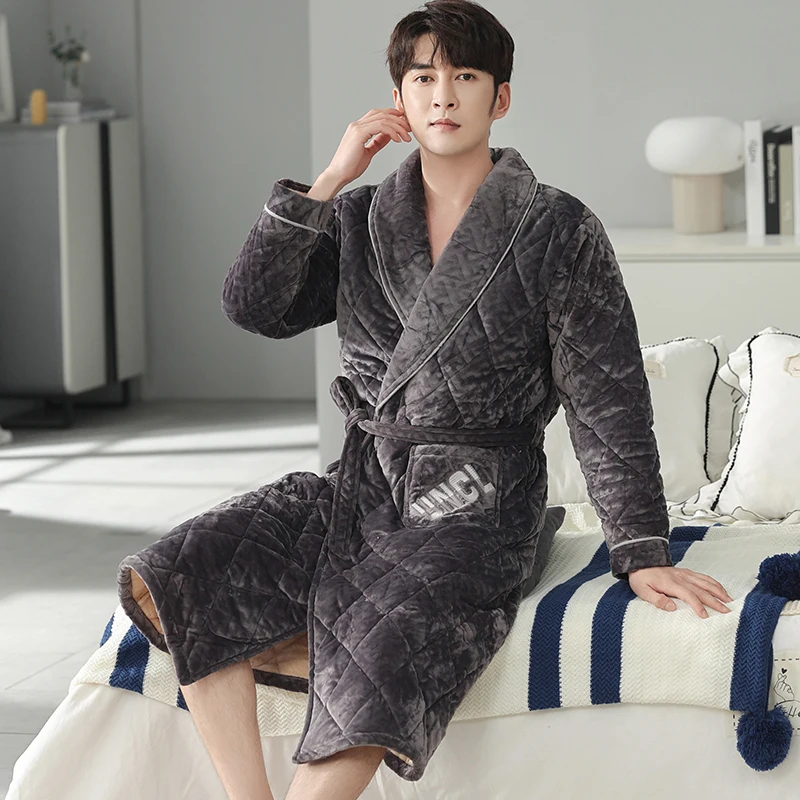 Winter Thickened Warm Flannel Robe Men Long Sleeve Cardigan Comfortable Soft Pyjamas Loose Male Bathrobe