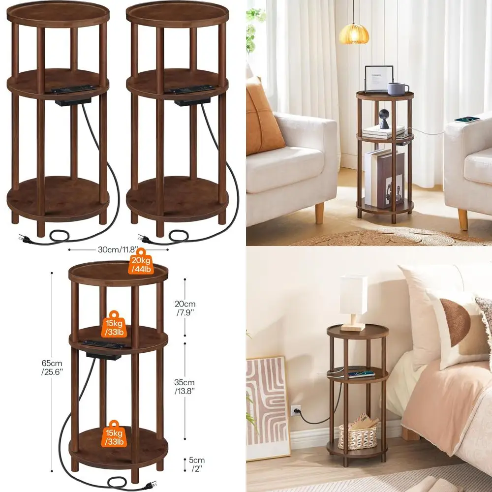 Mesas Laterais Redondas de 2 Peças com Carregamento, Mesa de Apoio de Bambu de 3 Níveis, Mesas Compactas para Sofá e Cabeceira, Fácil Montagem, Adequadas para Sala de Estar