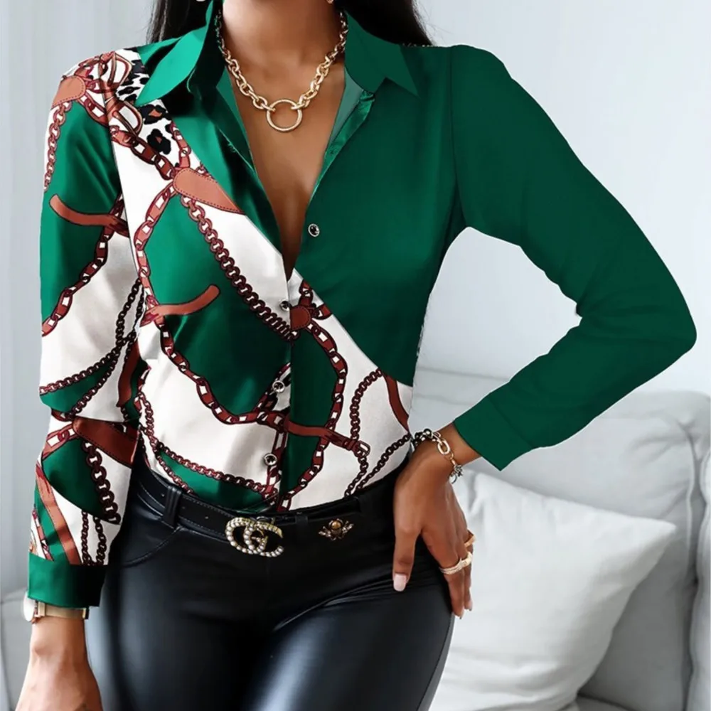 Elegant Lapel Cardigan Shirt 2024 Autumn/winter Long Sleeved V-neck Color Blocked Retro Style Blouse Top Femme Blusas Camisas