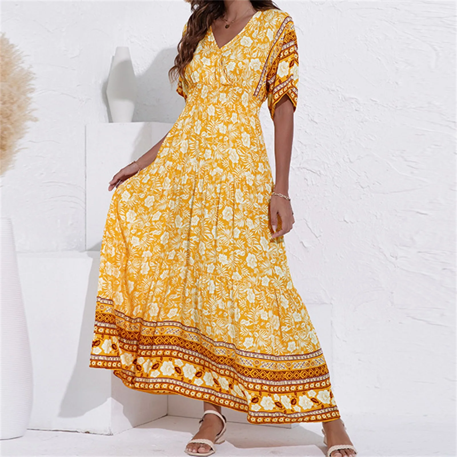 

Boho Retro Floral Print Dress Women's Summer Bohemian High Waist A-Line Pleated Long Skirts Holiday Beach Casual Dresses