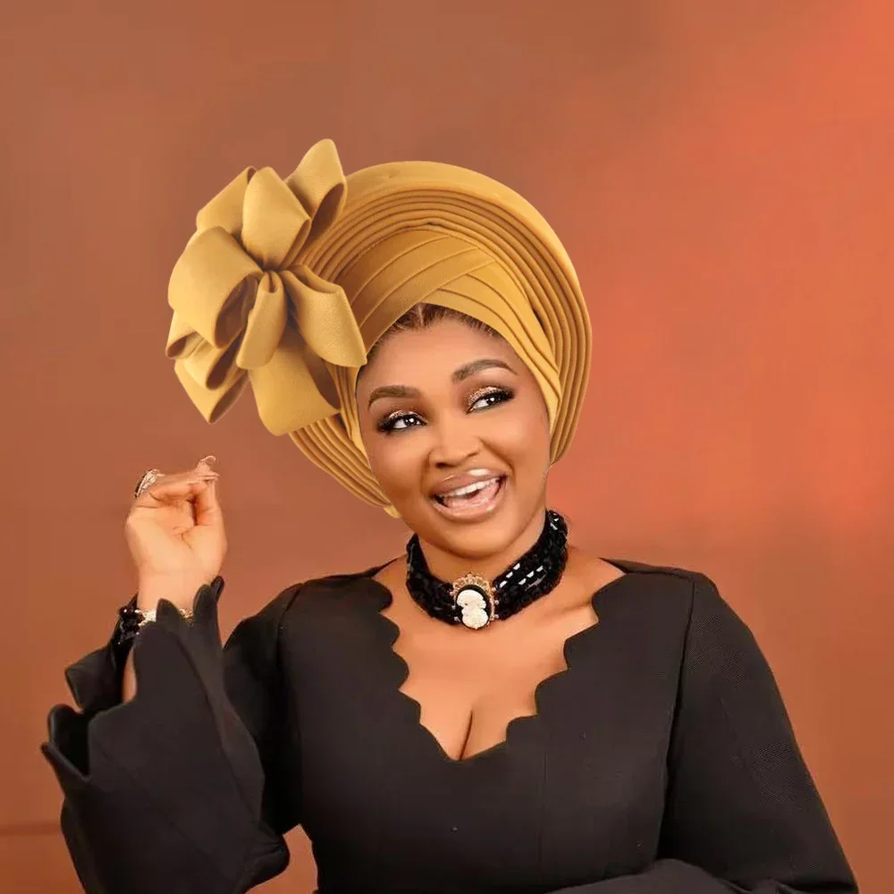 

Big Flower Turban Cap for Women Muslim Hijab Bonnet Hat African Auto Gele Headties Nigeria Geles Wedding Headpiece Head Wraps