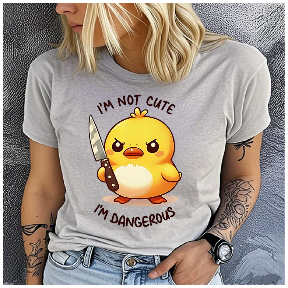 Cotton 100% Cute Angry Duck I'm Not Cute I'm Dangerous Quote Print Women T Shirt Cartoon Graphic Tee Casual Short Sleeve Summer