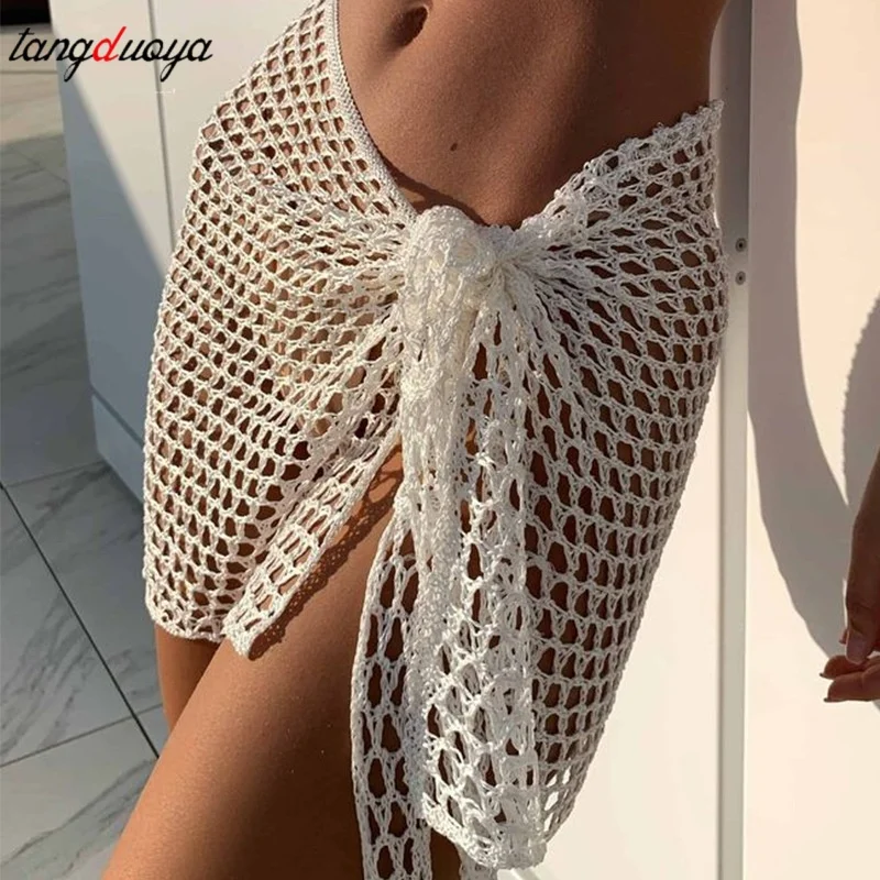 

Women Beach Skirt Hollowed Solid Black White Yellow Green Knitted Mini Skirt For Women Summer Vacation Seaside Cover-Up Skirt