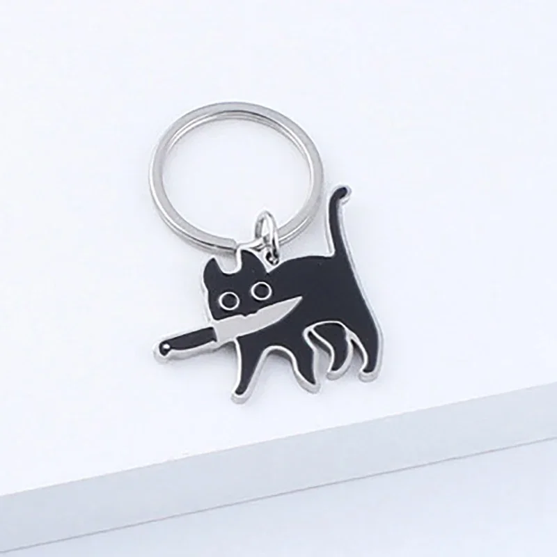 Cartoon Knife Cat Keychain Cute Stainless Steel Black Kitten Key Chains Keyring Bag Pendant Hanging Jewelry Gift