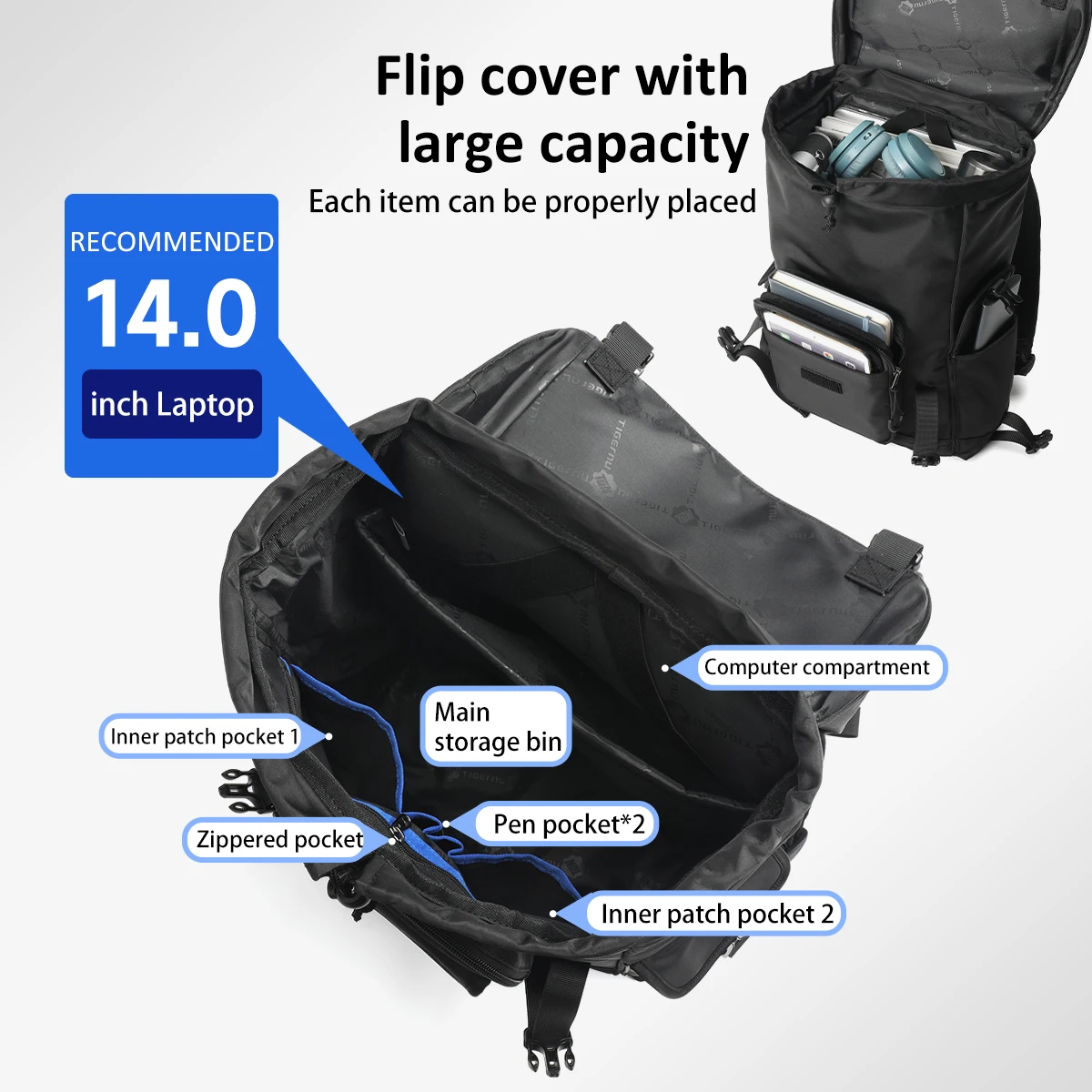 Tigernu Zaino da donna per borse da scuola per uomo Borse a tracolla staccabili Zaini da viaggio Zaini per laptop maschili Zaino da 14 pollici