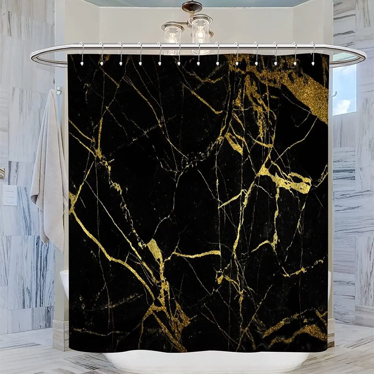 Black Gold Marble Crack Ink Texture Luxury Abstract Decorative Fabric Shower Curtain Art