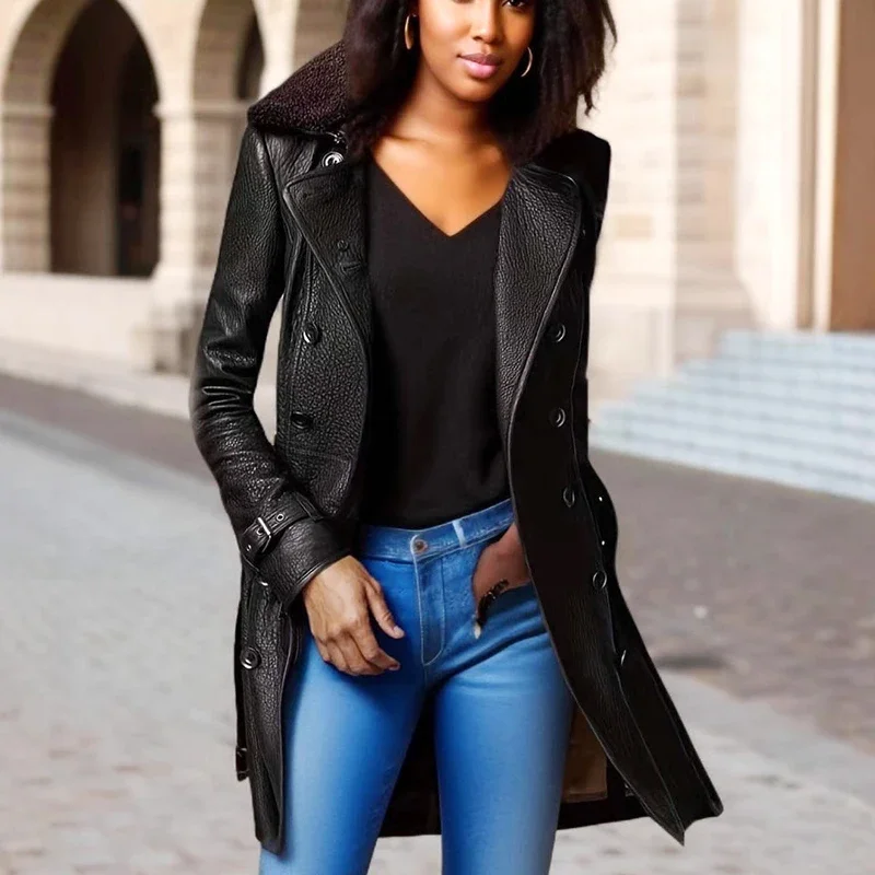 

Women's Fur Collar Leather Jacket Medium to Long Motorcycle Thick Leather Jacket Slim Fit British Style Length Leather Jacket