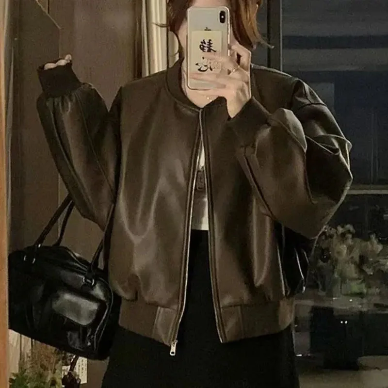 Retro Women's Motorcycle Style Leather Coat 2026 Spring New Female Loose Casual Jacket Student Simple Baseball Collar Overwear