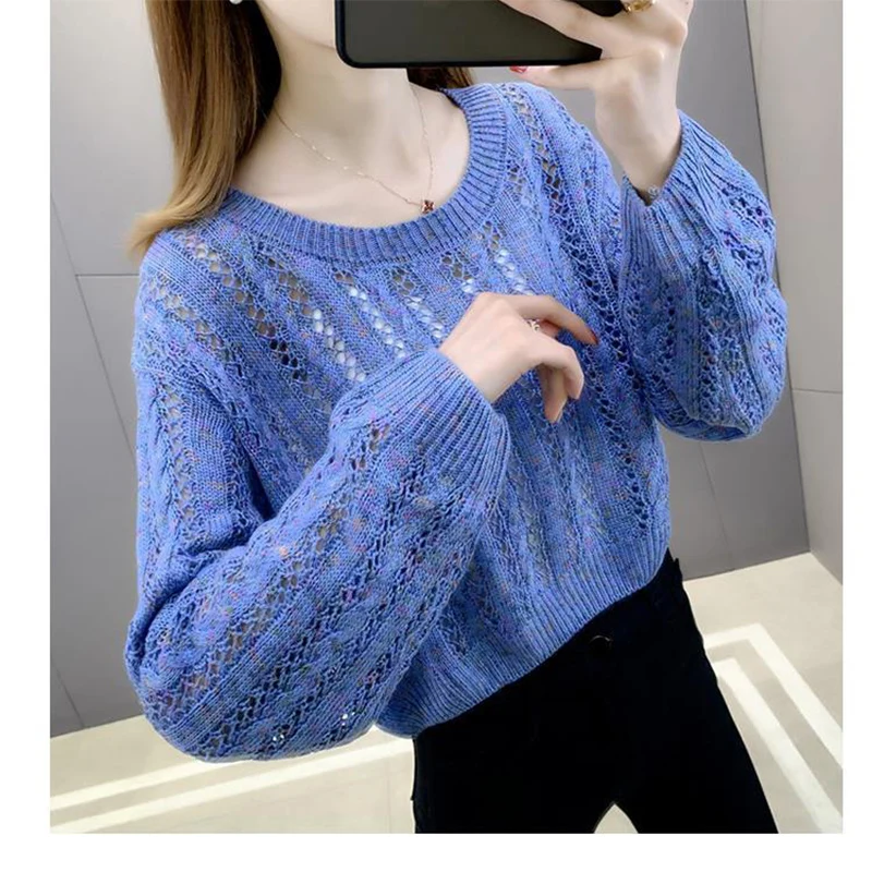 

Fashion O-Neck Color Spliced Hollow Out Blouses Women's Clothing 2023 Autumn Winter Loose Knitted Commuter Tops Casual Shirts